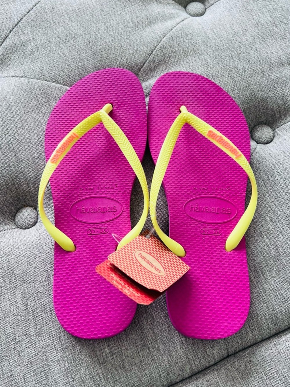 Havaianas Magenta Flip Flops with Yellow Straps Size 37-38